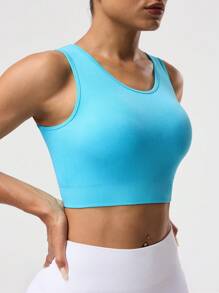 SHEIN Sports 1 件无缝运动瑜伽工字背心，高弹性 - 藍色 - 查看 4