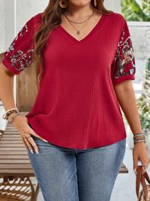 EMERY ROSE Blusa de talla grande casual con estampado floral y parches, conjunto de verano para mujeres, atuendo de vacaciones para mujer