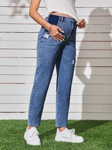 SHEIN 孕妇口袋破洞休闲直筒九分裤夏季孕妇牛仔裤妈妈牛仔裤女节日 - 中等水洗藍 - 查看 5