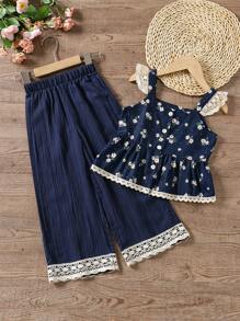 SHEIN Vintaside Kids 2 件套年轻女孩碎花盖袖上衣和阔腿裤夏季套装