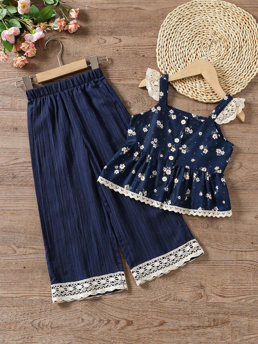 SHEIN Vintaside Kids 2 件套年轻女孩碎花盖袖上衣和阔腿裤夏季套装