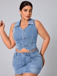 SHEIN Essnce Plus Size Women Fitted Minimalist Denim Jacket - Blue - View 5
