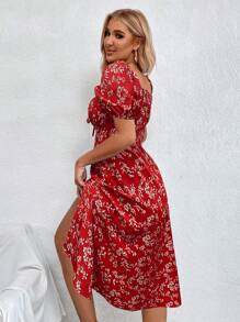 Breezaya 优雅浪漫碎花印花开衩系带连衣裙