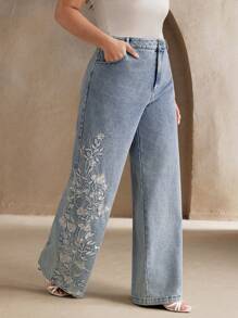 Anewsta Pantalón largo elegante con bordado floral para mujer de talla grande, diseño urbano y sofisticado