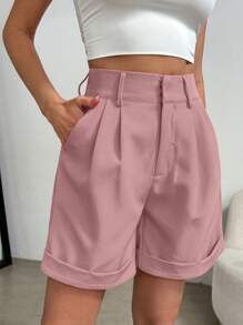 SHEIN Clasi Quần short thường ngày xếp ly màu trơn cho nữ, đa năng - Bụi hồng - Xem 4