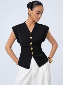 Aveloria Modichic 新款时尚高端收腰V领盖袖背心，优雅开叉不对称金属纽扣百搭通勤衬衫 - 黑色 - 查看 1