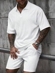 Manfinity Homme Men's Summer Casual Solid Color Short Sleeve Polo Shirt And Shorts Set - White - View 3