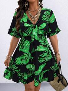 SHEIN Holidaya Plus Size V-Neck Short Sleeve Dress, Fashion For Summer - Black - View 1