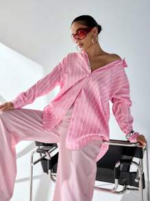 CasuGlow WOMAN BLUE AND WHITE LINED POPLIN BLOUSE - Pink - View 7