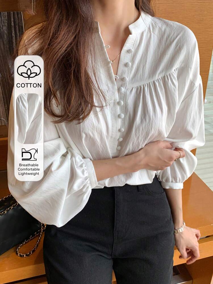 Half Button Drop Shoulder Blouse,Fall Clothes Long Sleeve Top