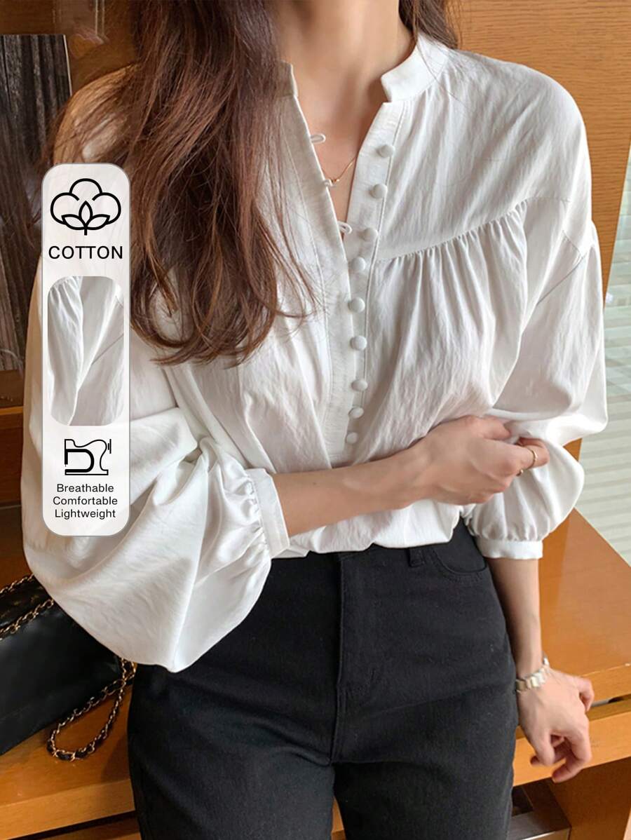 DAZY 半扣落肩衬衫，秋装长袖上衣