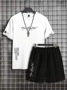 Manfinity Homme Conjunto de camiseta de manga corta con estampado de eslogan y pantalones cortos informales para hombre, conjunto de 2 piezas de verano para hombre