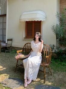 DAZY 2pcs/Set Women Lace Splicing Balloon Sleeve Two-Piece Outfits Summer - White - View 3