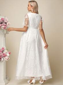 SHEIN Váy bầu xẻ cao thêu hoa thanh lịch - trắng - Xem 2