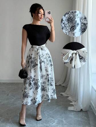 Rafferiza 新传统中国风黑色针织拼布印花连衣裙，优雅轻盈 x 中国风不对称连衣裙，修身