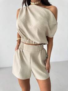 Firerie 2pcs/Set Women Linen Color Asymmetrical Shoulder Ruched Blouse And Shorts Set, With Pockets. Lightweight Linen-Like Loose Pants Set. Asymmetric Shoulder Blouse And Wide-Leg Pants Set, Suitable For Spring/Summer/Autumn, Commuting, Elegant, Casual, Beach, Boho, Hawaiian, Modest,Graduation,Teacher Outfits For Women,Back To School - Khaki - View 8