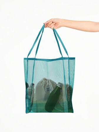 Kawaii Bolso de hombro cruzado y gran capacidad tipo canasta de malla transparente verde minimalista y de moda, bolso versátil tipo tote para compras y playa para mujeres