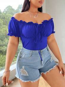 Flirla Plus Size Off-Shoulder Short Sleeve T-Shirt, Solid Color, Fashion, Suitable For Summer - Royal Blue - View 6