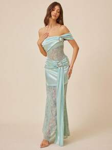 L'Amorae Elegant One Shoulder Ornament Lace Wedding Guest Bodysuit - Green - View 5