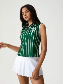 Hanevo Polo Neck Green Striped Retro Style Women Top Sportwear For Daily Wear - Green - View 3