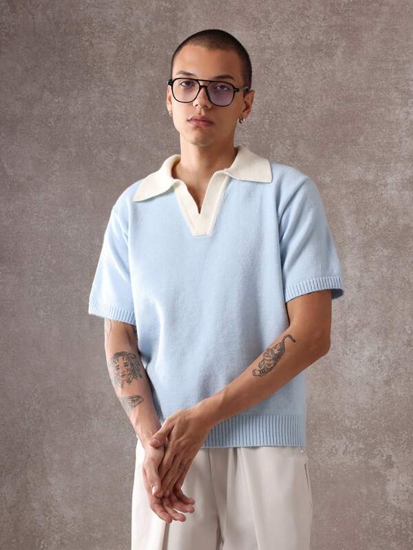 SUMWON Pulover polo tricotat premium, cu guler contrastant, stil preppy, mânecă scurtă, primăvară-vară, casual, clasic, preppy, golf, tenis, sport, ușor, respirabil, tiv cu nervuri