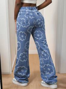 Slaydiva 新款春夏休闲度假花朵图案直筒阔腿超长裤浅洗蓝女牛仔裤-A