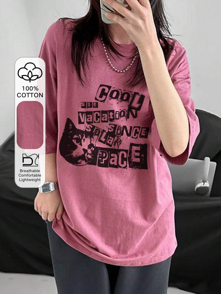 DAZY 女士圆领宽松印花短袖休闲 T 恤 - 粉色 - 查看 1