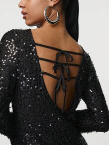 SHEIN Unity Glitter Black Beach Cover-Up Dress With Cinch Waist And Tie Back Design - Black - View 5