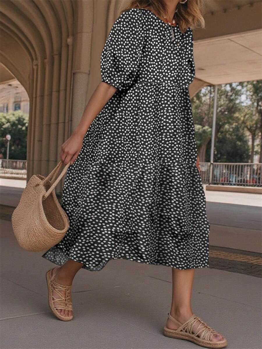 EMERY ROSE 波尔卡圆点印花分层泡泡袖连衣裙，宽松休闲教师连衣裙，黑色优雅连衣裙长款女装 - 彩色 - 查看 1