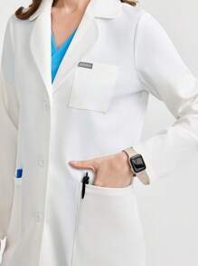 Scrubzie Plain Color Asymmetric Lapel Long Sleeve Single-Breasted Pocket Lab Coat / Scrub - White - View 5