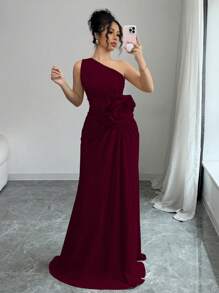 Rafferiza Vestido de mujer con escote asimétrico y bordado floral 3D