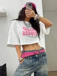 Coolane 女士夏季外出音乐节街头服饰 Y2K 可爱毛巾刺绣图案白色短款 T 恤 - 白色 - 查看 5