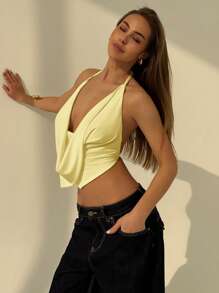 Aloruh New Sexy V-Neck Wrap Tied Shoulder Strap Double Layer Hem Backless Sleeveless Solid Color Tank Top