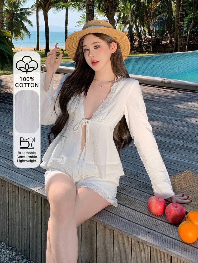 2pcs Vacation Style Women Lace Patchwork Cardigan & Shorts Set,Fall Women Clothes