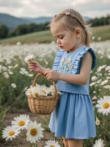 Cozy Pixies 2Pcs Baby Girl Floral Print Round Neck Ruffle Hem Top And Elastic Waist Shorts Set - Blue - View 1