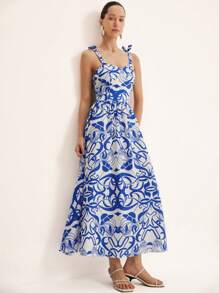 Revavyn Váy họa tiết hoa cổ chữ V thắt nơ kiểu Pháp thanh lịch, eo cao dành cho nữ, phong cách thời trang Boho, in toàn bộ cho mùa hè - Nhiều màu - Xem 4