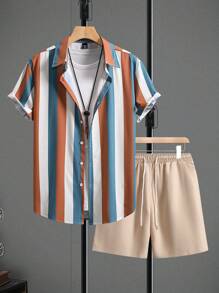 Manfinity Hypemode Set casual estivo da uomo con camicia a righe e pantaloncini