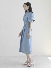 DAZY Women's Light Washed Denim Turndown Collar Waist Cinched Long Shirt Dress - Light Wash - View 3
