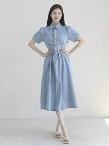 DAZY Women's Light Washed Denim Turndown Collar Waist Cinched Long Shirt Dress - Light Wash - View 6