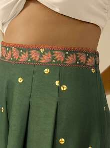 CAJUNI 热带复古印花休闲阔腿加长女裤，适合海滩/度假