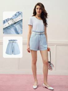 MOTF PREMIUM PAPERBAG WAIST DENIM SHORTS - Baby Blue - View 8