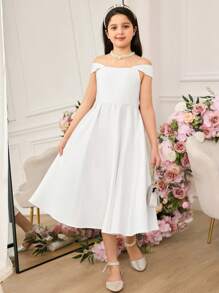 Tween Girls Elegant White Satin Camisole Mid-Length Dress, Summer