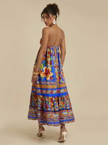 Travachic Women's Floral Print Ruffle Hem Spaghetti Strap Dress, Vacation Style - Blue - View 2