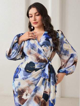 Modelyn Robe élégante pour femme grande taille avec manches lanternes, taille nouée et imprimé tie-dye