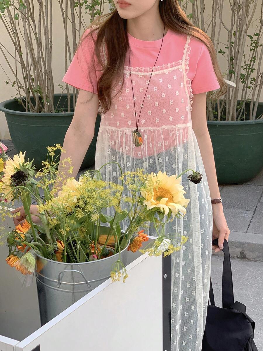 DAZY 夏季新款宽松休闲毕业蕾丝透视中长连衣裙 - 白色 - 查看 1