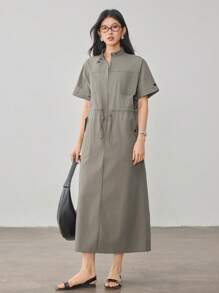 Dazy-Less Vestido sencillo y holgado de largo medio con bolsillo grande, cintura con cordón y estilo casual y elegante para mujeres como vestido de verano