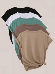 INAWLY 女士夏季休闲纯色短袖T恤，百搭休闲上衣