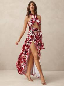 L'Amorae 优雅花卉热带印花交叉露背高开衩连衣长裙，海滩度假装，女士夏季服装，女士早午餐服装，母亲节 - 彩色 - 查看 1