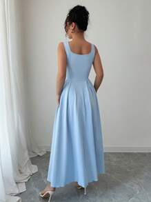 Elenzga 方领喇叭腰女装连衣裙，欧美风，秋冬 - 藍色 - 查看 2