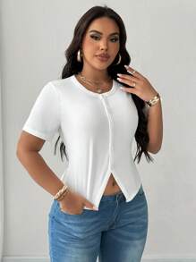 SHEIN Unity Plus Size Solid Color Button Front Crew Neck Casual Short Sleeve T-Shirt - White - View 3